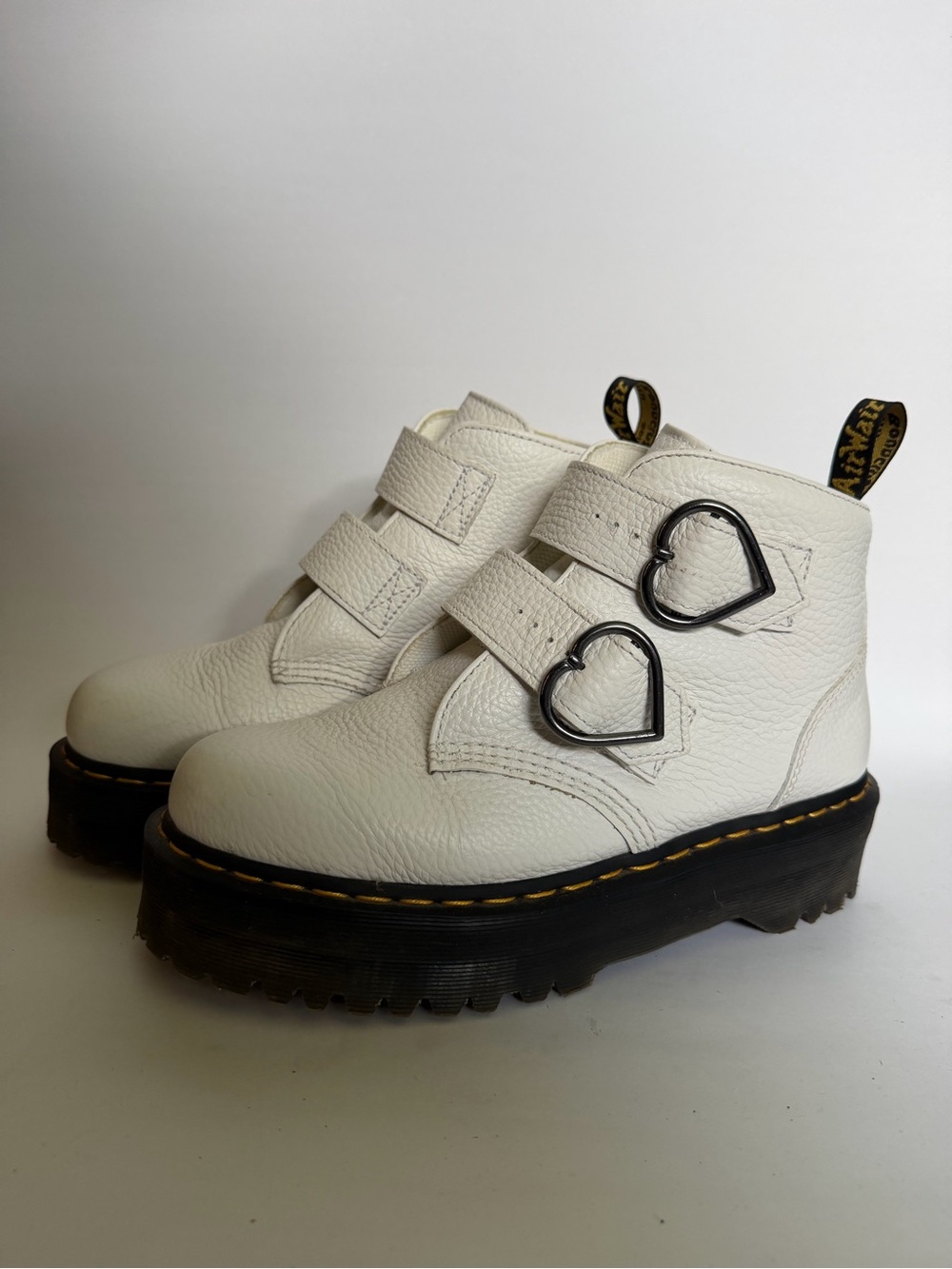 Dr. Martens White Leather Heart-Buckle Platform Ankle Boots